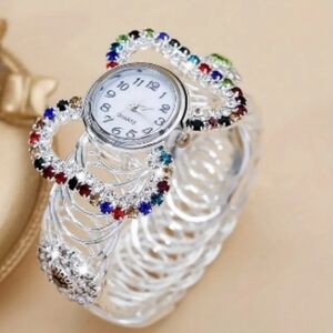 NWOT Boho Round Quartz Watch Colorful Rhinestone Stretch Bangle Watch …